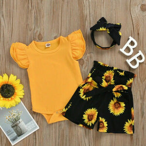 3Pcs New Born Baby Girl Long Sleeve Romper Tops Floral Pants Headband Clothes Set