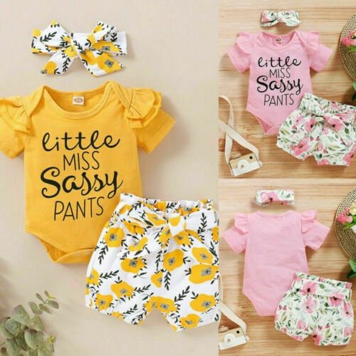 Newborn Baby Girls Clothes Floral Romper Tops Short Pants Headband Outfits Set