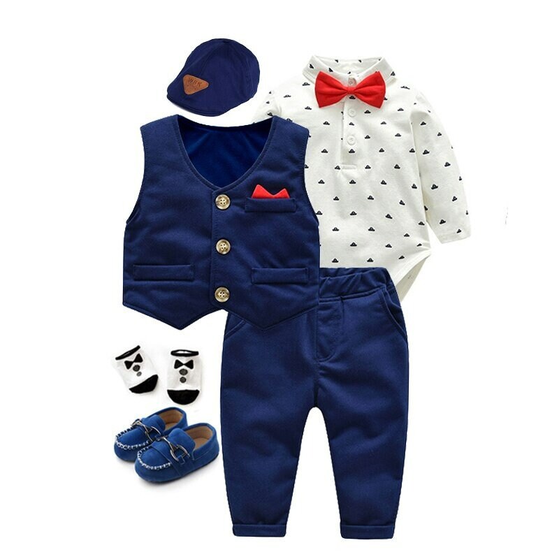 Newborn Formal Dress Romper + + Shoes+ Hat + Bow Tie Set (0-18 Months)