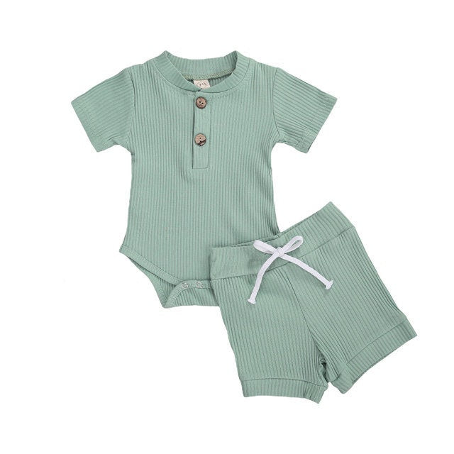 Unisex Baby Summer Outfits - Short Sleeve Romper and Shorts Set