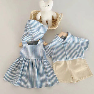 Summer Sibling Outfits - Toddler Boy Top & Shorts + Baby Girl Dress & Hat Set